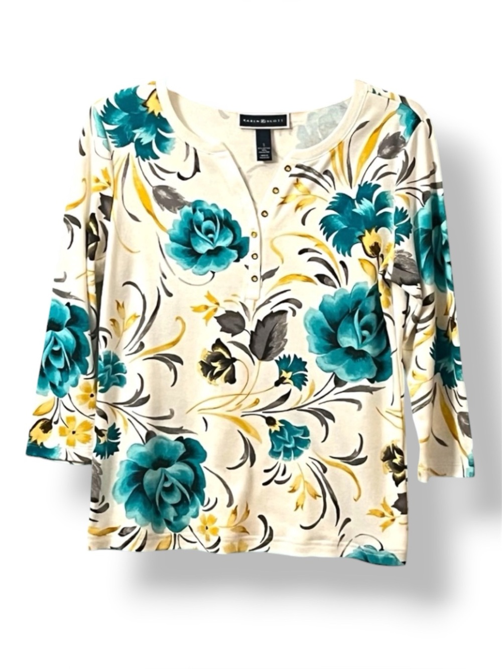 Karen Scott Resort-Cruisewear Spring Teal Floral Print 3/4 Sleeve Travelwear Top